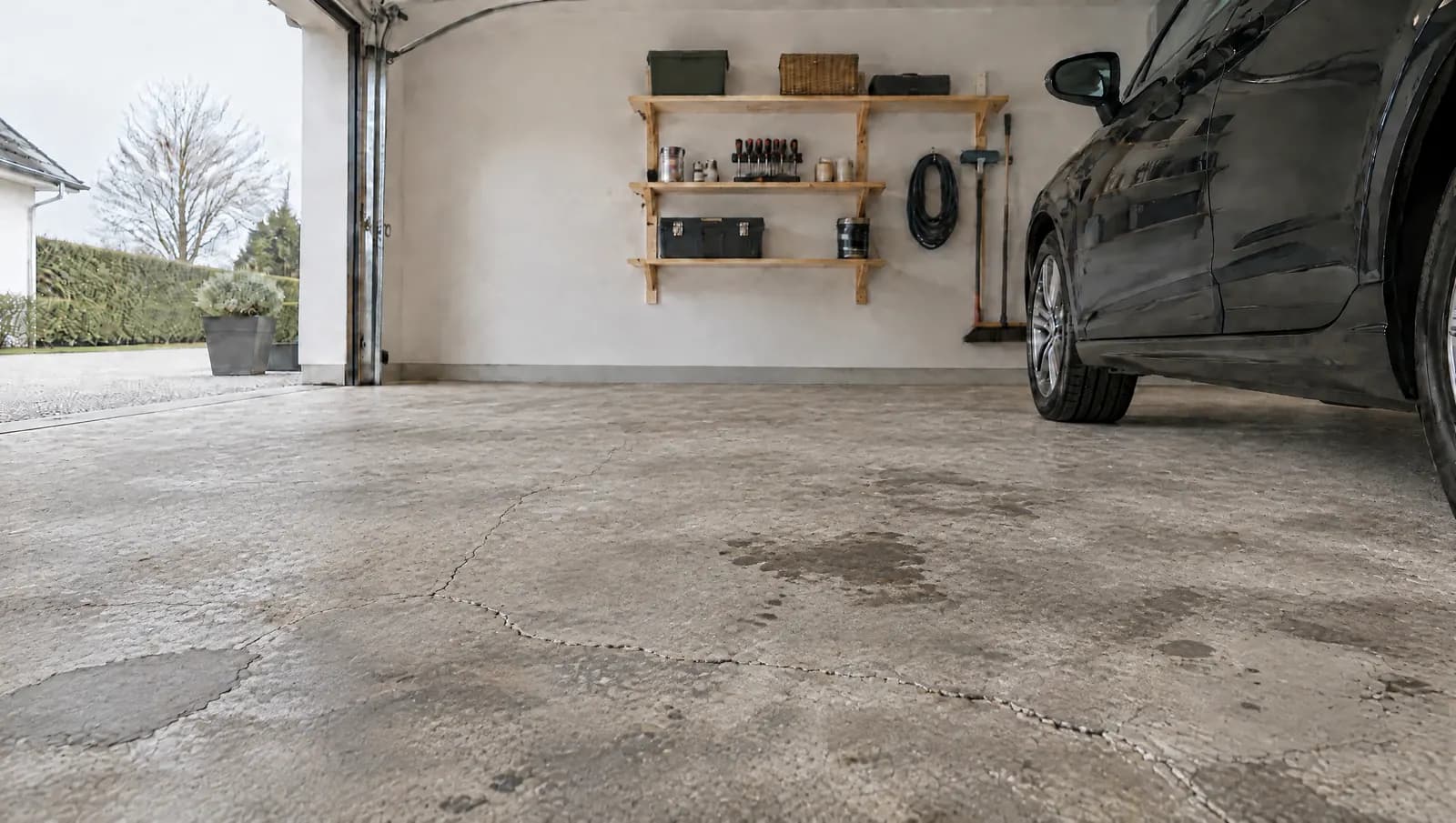 Illustration: garage med gammelt, revnet betongulv